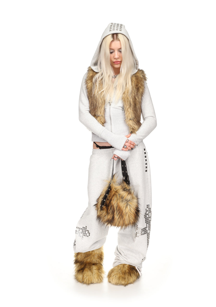 FAITHFUL FAUX FUR VEST AND FITTED ZIP HOODIE TWO PIECE SET GREY MARL