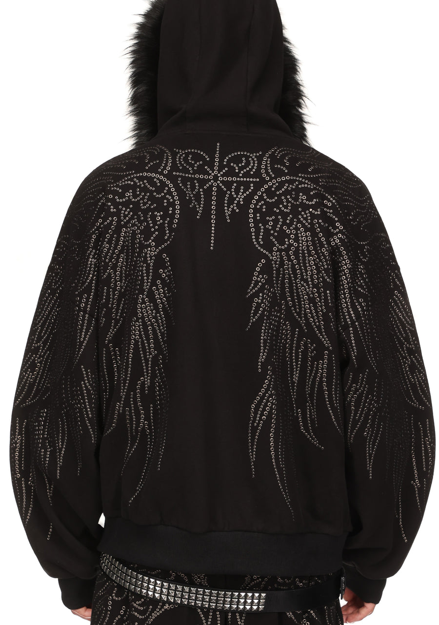 FALLEN STUDDED FAUX FUR ZIP HOODIE BLACK (DETACHABLE FUR)