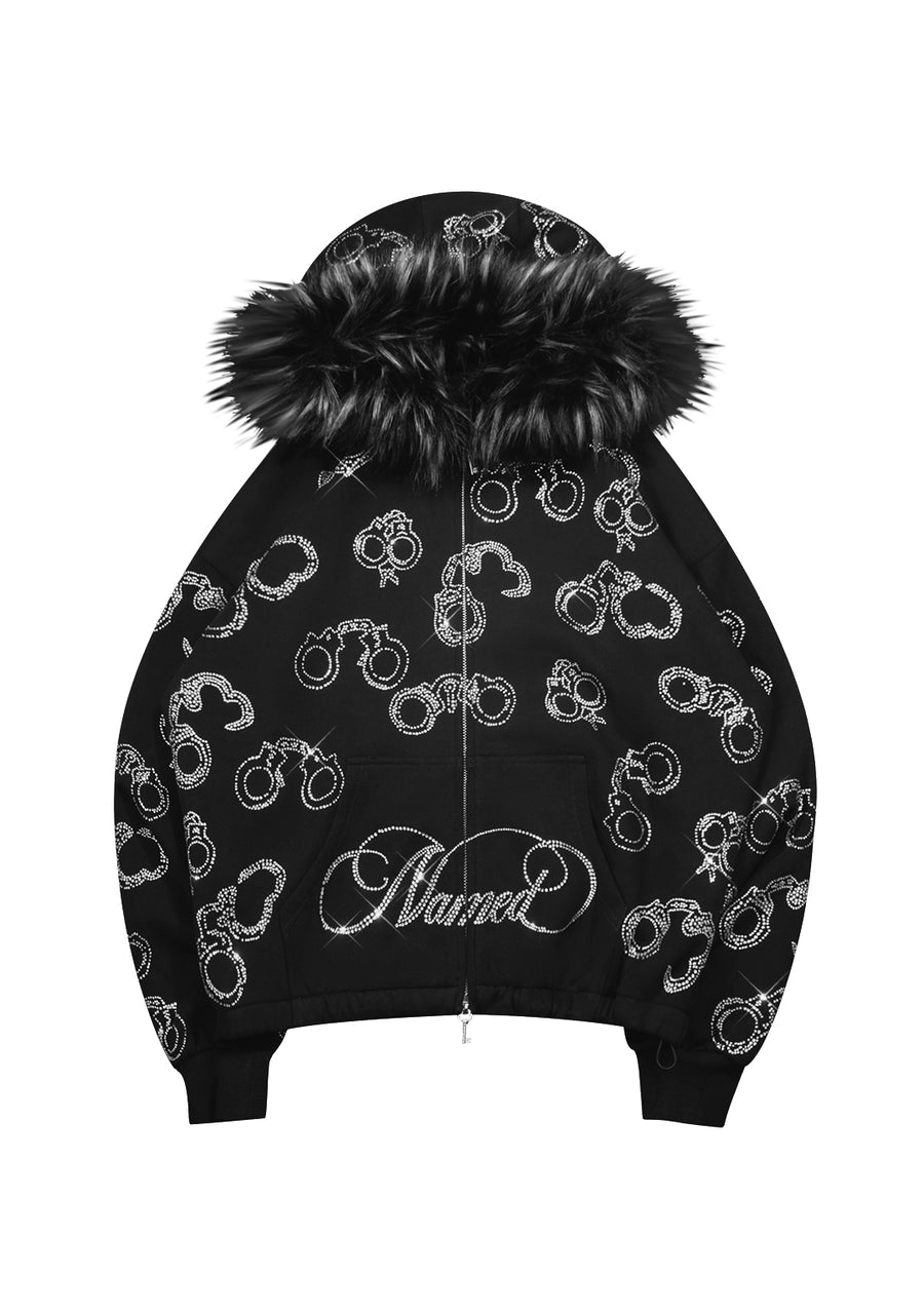 HEIST FAUX FUR RHINESTONE CUFF ZIP HOODIE BLACK (DETACHABLE FUR)