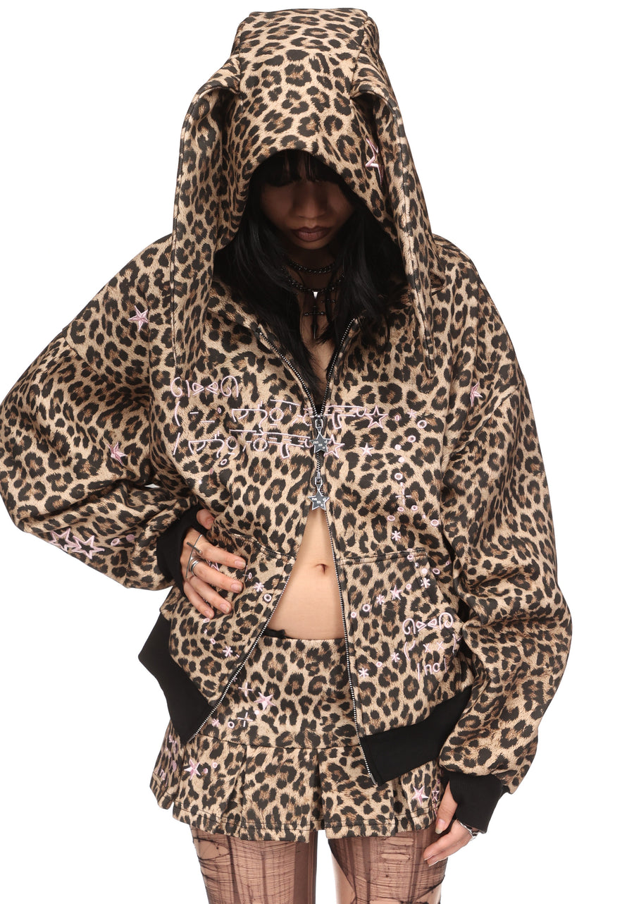 MALFUNCTION EMBROIDERED ZIP HOODIE LEOPARD PRINT (DETACHABLE EARS)