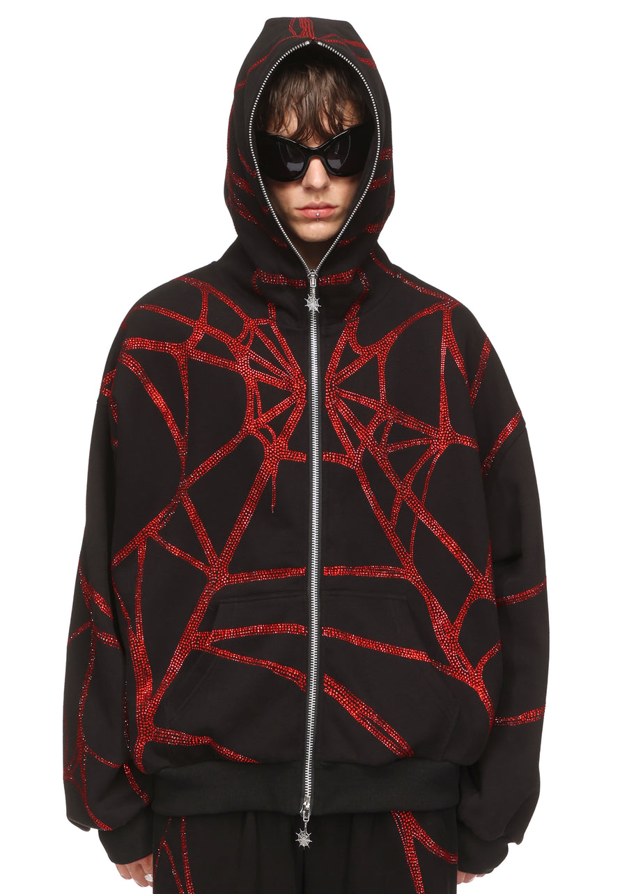 POISON RHINESTONE ZIP HOODIE BLACK AND RED