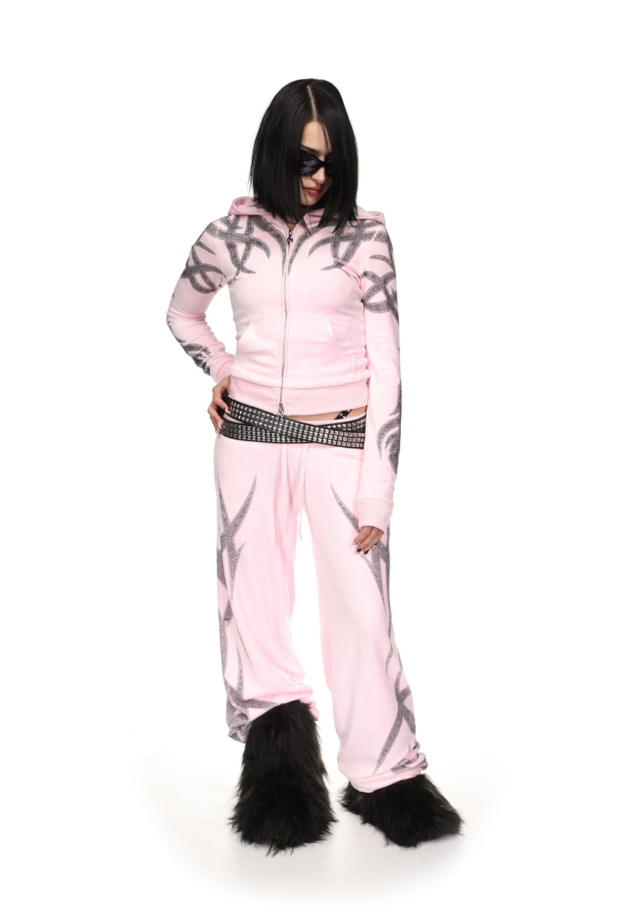 SIGNAL RHINESTONE VELOUR HOODIE BABY PINK