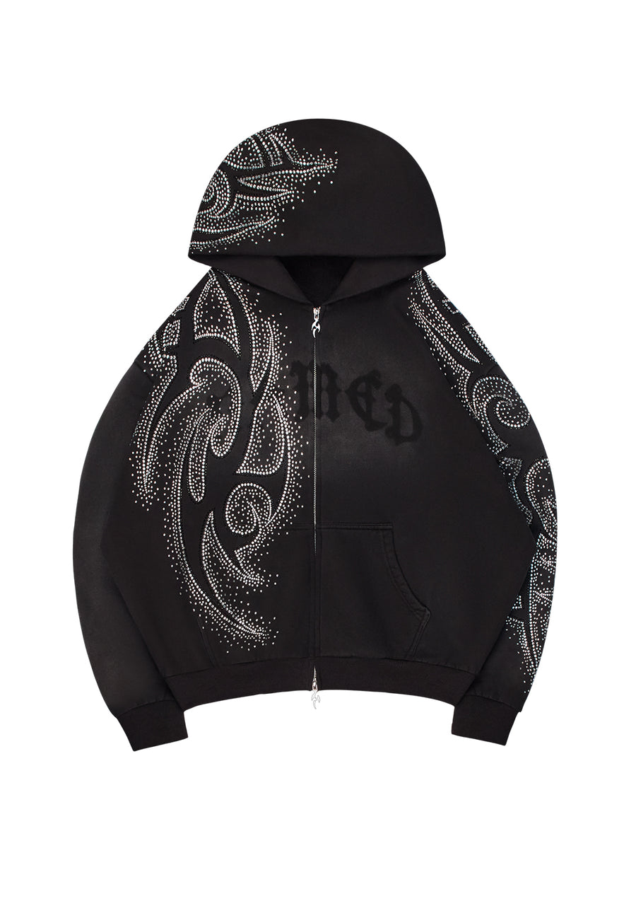 VISION RHINESTONE ZIP HOODIE WASHED BLACK